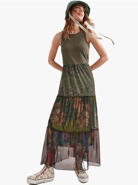 Desigual Women’s Y2K Bohemian Floral Mesh Long Dress Sz L  Grunge Fairy Indie